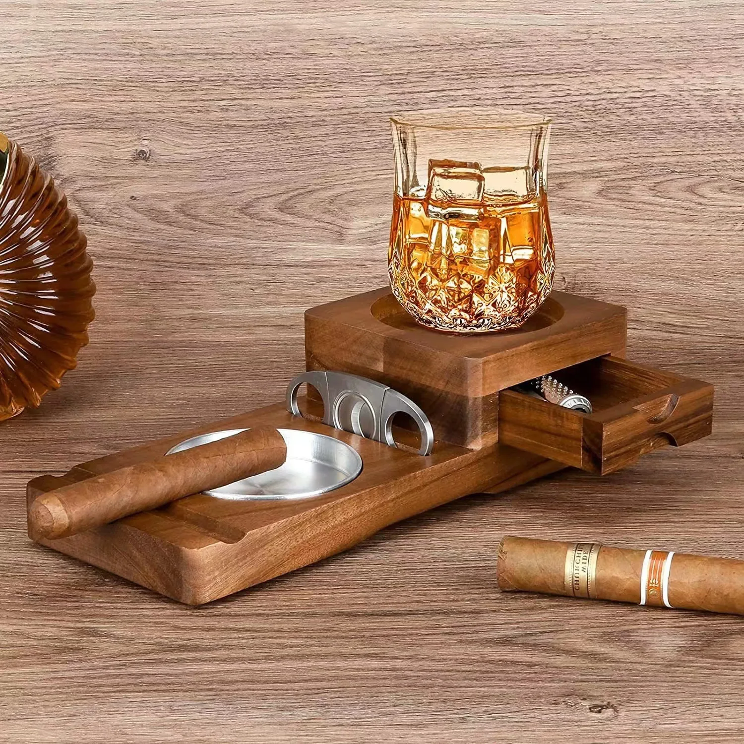 

Деревянная сигарная пепельница Подставка под напитки из твердой древесины, поднос для виски, держатель для сигар, коробка для сигар