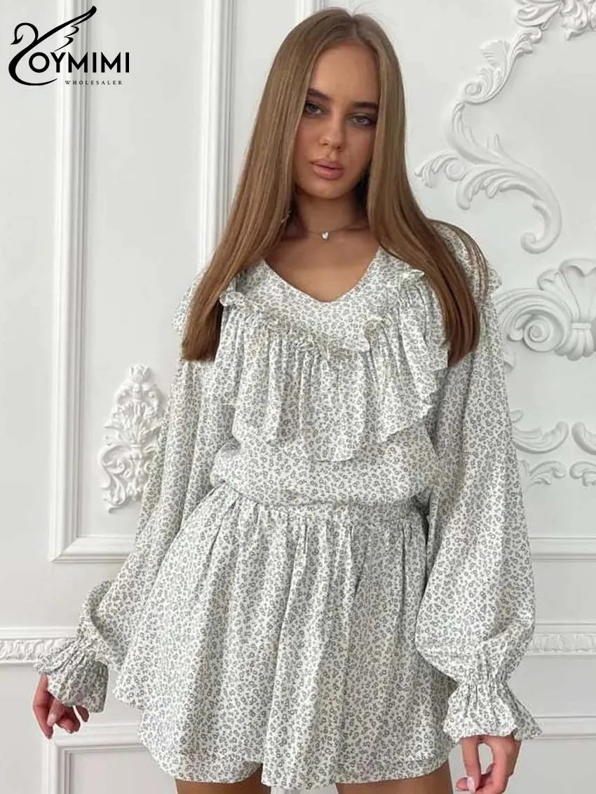 

Oymimi Elegant Green Print Two Pice Set Of Women Fashion V-Neck Ruffled Long Sleeve Blouses And High Waisted Mini Skirts Sets