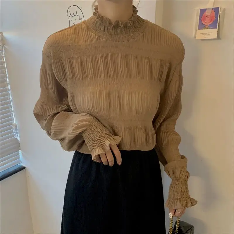 

2023 New Spring and Autumn Fashion Commuting Simple Standing Collar Wooden Ear Edge Pleated Loose Casual Versatile Women's Shirt