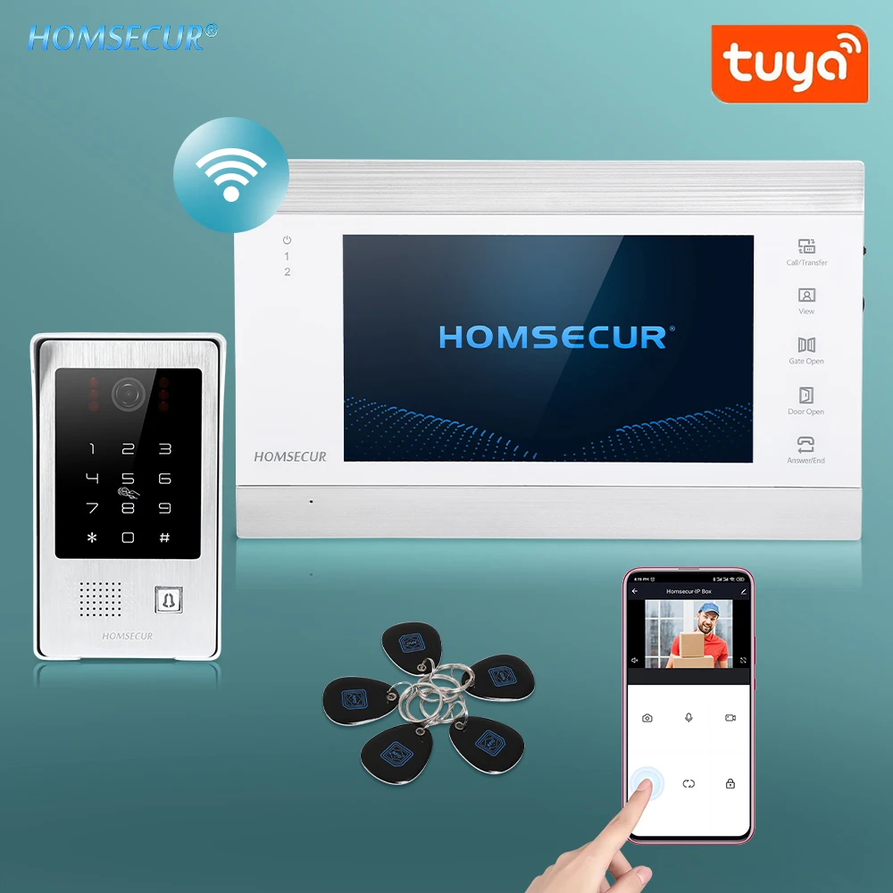 

HOMSECUR 7" WIFI Tuya HD Video Doorphone Intercom Motion Detection Recording Snapshot IP65 Doorbell Camera Password RFID Access