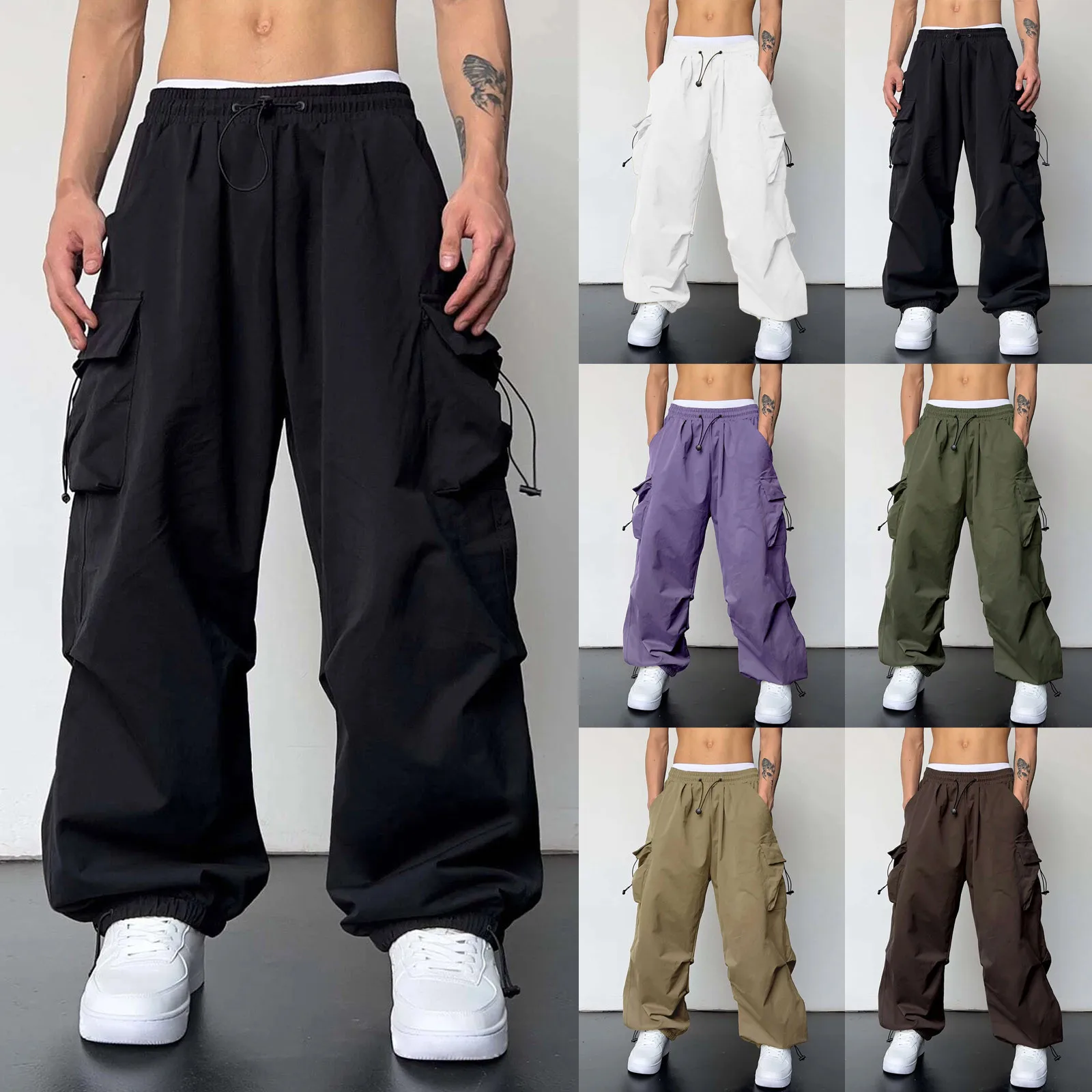

Streetwear Spring Summer Cargo Pants Men Multi-pocket Casual Men's Pants Wide Leg Loose Drawstring Beam Feet Men's Pants