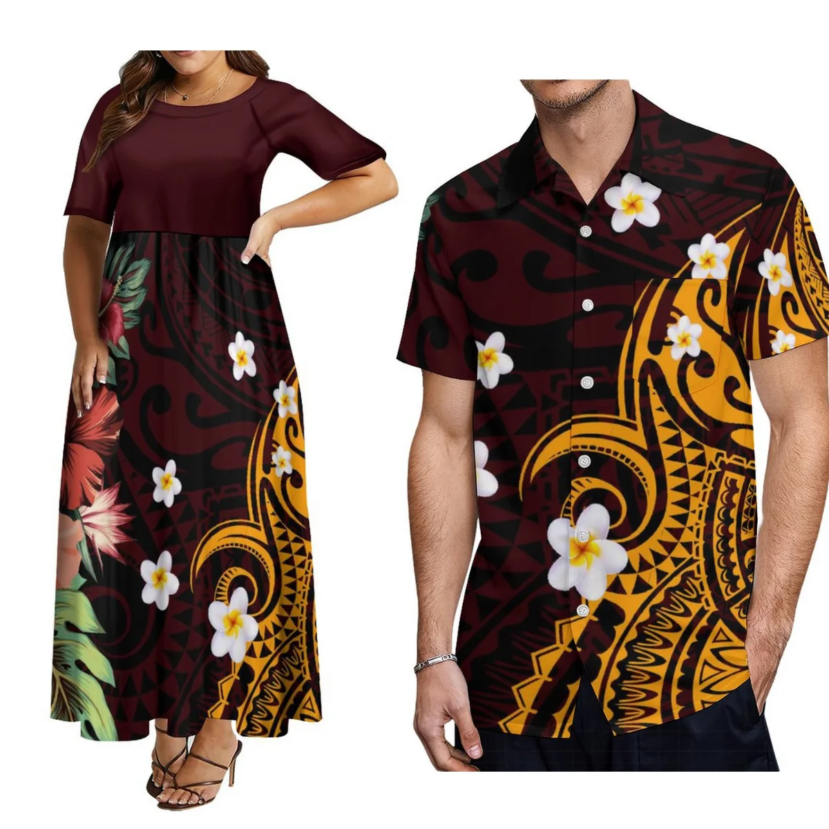 

Custom Women'S Short-Sleeved Dress Samoan Maxi Dress With Hawaiian Casual Men'S Shirt Polynesian Tribal Couple Suit