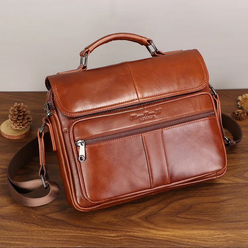 

Vintage Genuine Leather Briefcase For Men Cow Leather Male Shoulder Messenger Bag Large Capacity Handbag Luxury Man File Bag