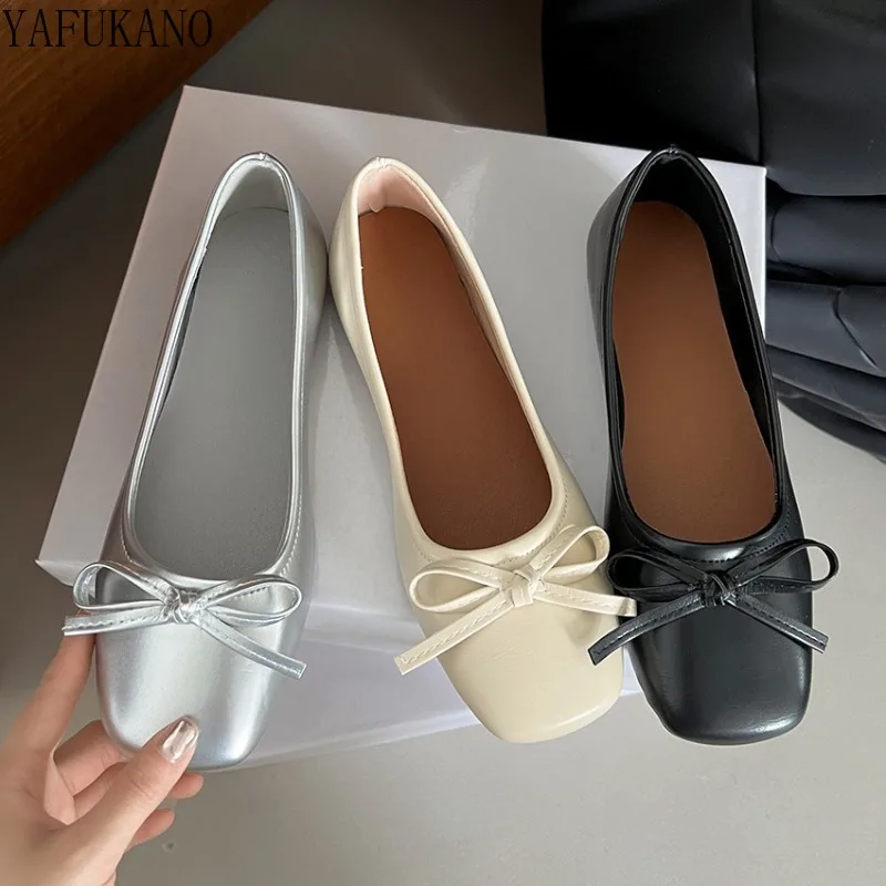 

Silver Square Toe Ballet Style Shallow Mouth Flat Heel Single Shoes Womens 2024 New French Dress Mary Jane Shoes Girl Flats