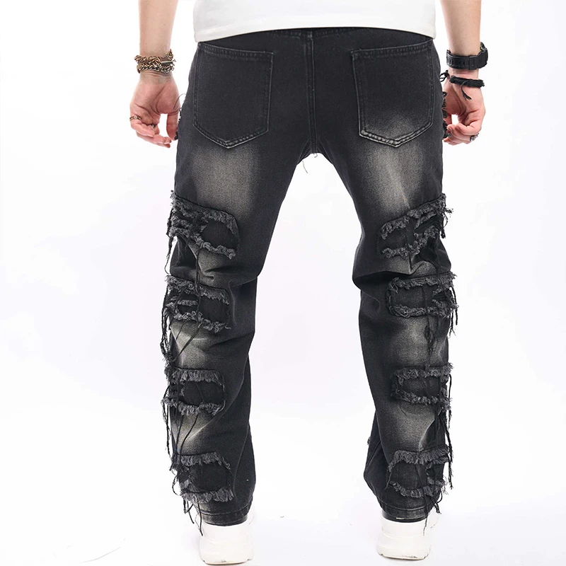 

Mens Black Stacked Jeans Slim Fit Ripped Jeans Destroyed Straight Denim Pants Harajuku Hip Hop Trouser Streetwear