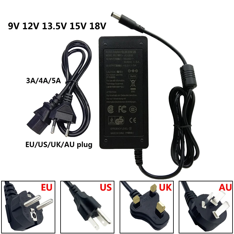 

9V 12V 13.5V 15V 18V AC DC Adapter Power Supply 3A 4A 5A Switching Adaptor Adaptador 5.5*2.5mm EU US UK AU Cable Converter