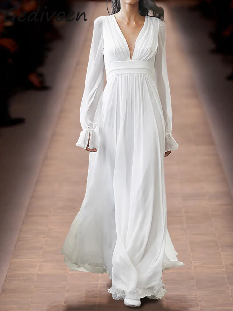 Gedivoen Fashion Designer Summer New Dress Women's Vacation Deep V-neck Lantern Sleeve Ruffles High Waist White Slim Long Dress 
Gedivoen Fashion Designer Summer New Dress Women's Vacation Deep V-neck Lantern Sleeve Ruffles High Waist White Slim Long Dress