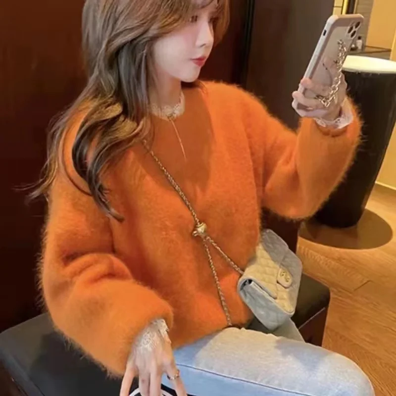 

JSXDHK 2022 New Autumn Winter Orange Mink Cashmere Sweaters Chic Fashion Women O Neck Knitted Mohair Soft Loose Pullover Tops
