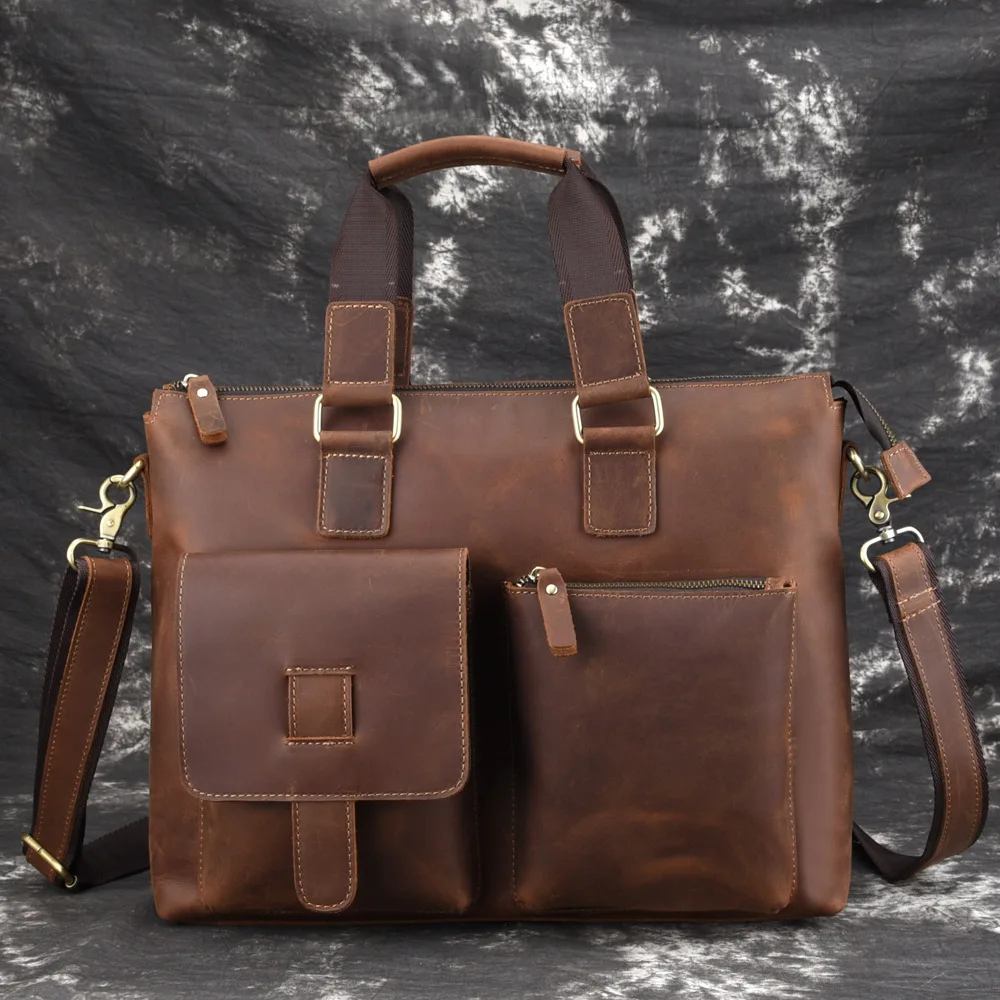 

Vintage leather men portfolio genuine leather lawyer doctor briefcase document 14" laptop messenger shoulder brief attache case