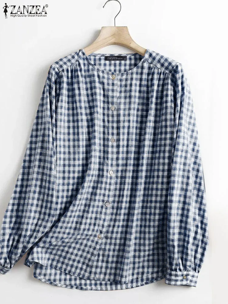 

ZANZEA Women Vintage Checked Blouse Spring Long Sleeve Grid Printed Shirt Bohemain Casual Holiday Blusas Elegant OL Work Tops