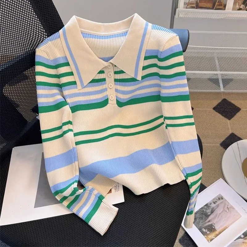 Korean Fashion Stripe Knitwear Sweater Women Turn Down Collar Soft Pullovers Sweater Long Sleeve Casual Knit Jumper Tops
Korean Fashion Stripe Knitwear Sweater Women Turn Down Collar Soft Pullovers Sweater Long Sleeve Casual Knit Jumper Tops