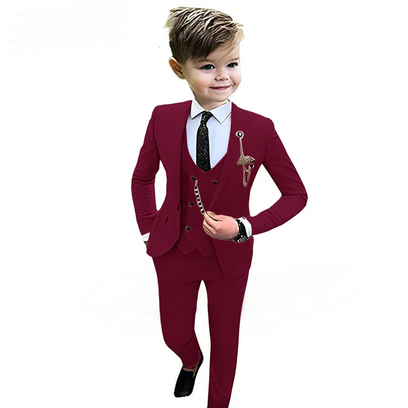 

Burgundy Boys Suit Wedding Peaked Lapel 3 Piece Slim Fit Kids Tuxedo Suits for Flower Boys Party Blazer Set 2-16 Years