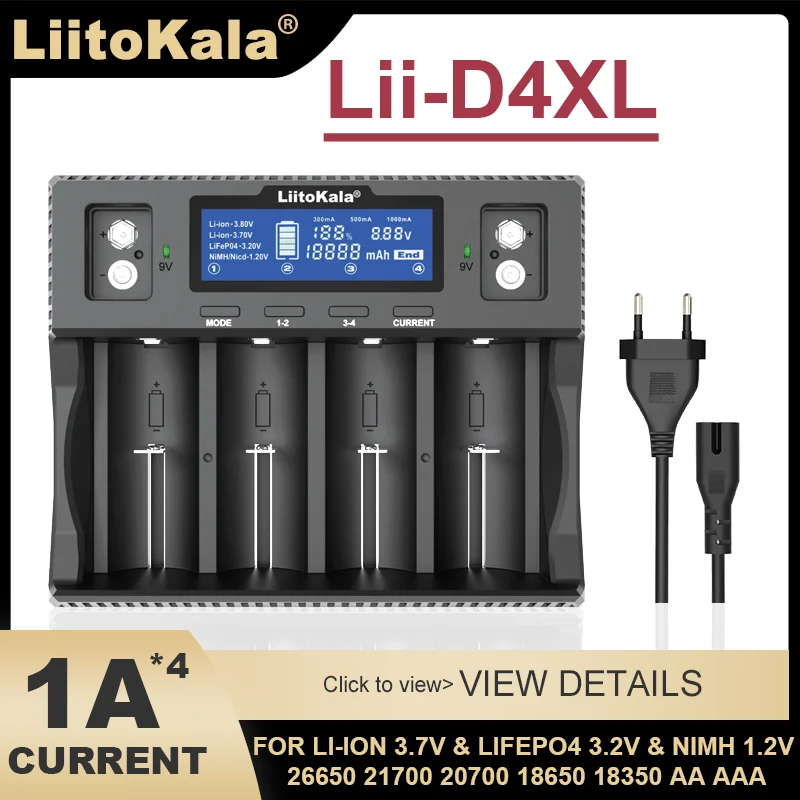 

Lii-D4XL LiitoKala 26650/18650/18350/21700/18500/14500/16340/32700/AA/AAA 3.2V/3.7V/1.2V/9V Li-ion Ni-MH Smart Battery Charger