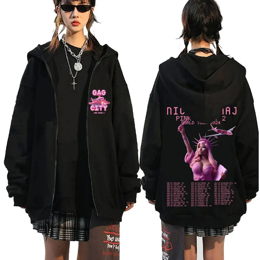 

Rapper Nicki Minaj GAG CITY Pink Friday 2 Tour Print Zipper Hoodie Men Women Hip Hop Oversized Zip Up Jacket Male Fleece Hoodies