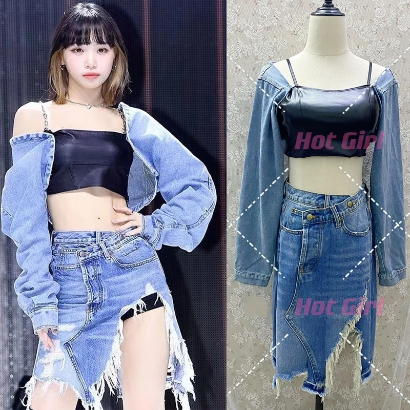 Korean Singer Concert Sexy Denim Leather Sling Long-Sleeve Vest Two-Piece Tops High Waist Irregular Tassel Skirt Women Outfits
Korean Singer Concert Sexy Denim Leather Sling Long-Sleeve Vest Two-Piece Tops High Waist Irregular Tassel Skirt Women Outfits