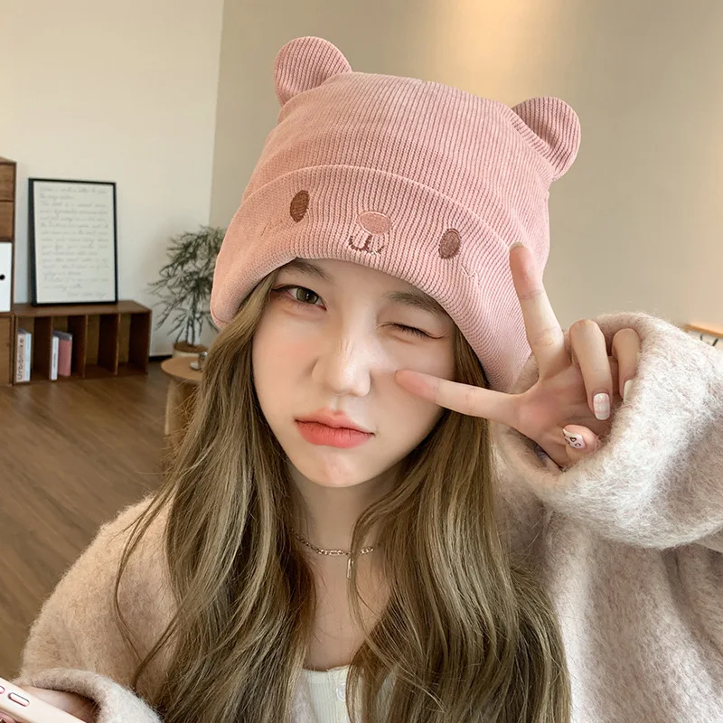 

Cute Women Beanies Cartoon Bear Ear Girl Cap Autumn Winter Warm Woolen Knitted Hat Solid Color Crochet Bonnet шапка женская