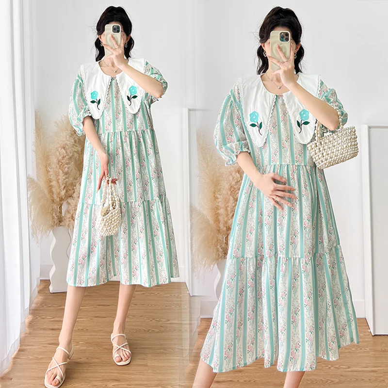 

Sweet Floral Embroidery Peter Pan Collar Patchwork Maternity Ball Gown Dress Puff Sleeve Plus Size Pregnant Woman Chiffon Dress