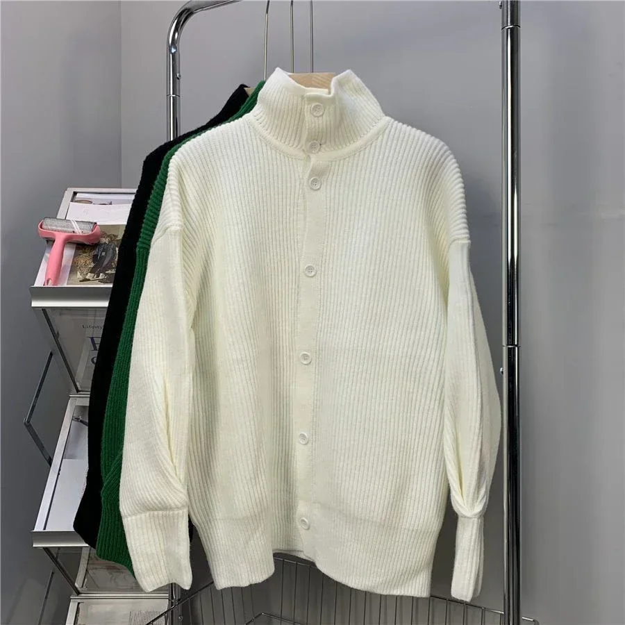 

Men's Clothing Jacket Plain Coat Knit Sweater Male Collared Cardigan Green Solid Color Korean Autumn Clothes Cheap Fashion Warm