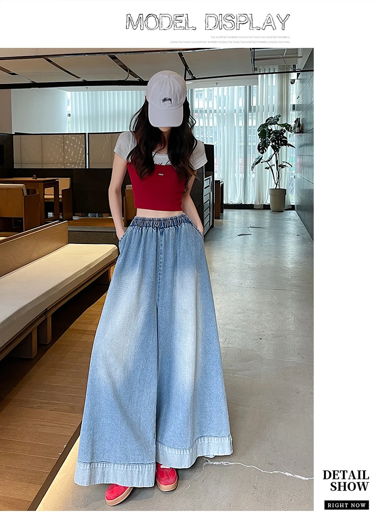Summer Vintage Womens Loose Denim Wide Leg Pants Ladies Casual Elastic Waist Jeans Oversized Trousers Summer Vintage Womens Loose Denim Wide Leg Pants Ladies Casual Elastic Waist Jeans Oversized Trousers