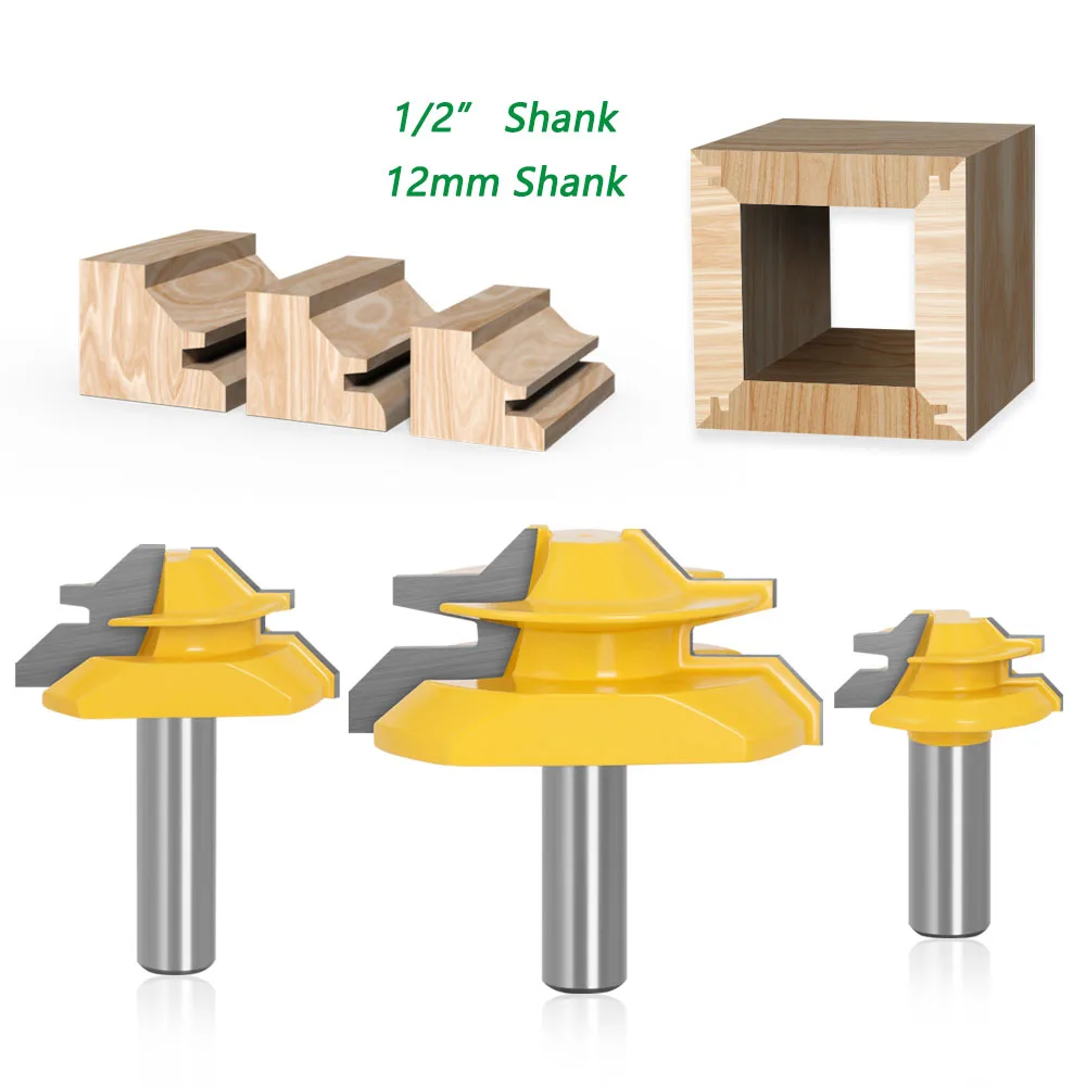 3PCS/Set 12mm 1/2" Shank 45 Degree Lock Miter Bits Glue Joint Set 1/2" 3/4" 1"Stock Woodworking Tenon Cutters for Woodwork
3PCS/Set 12mm 1/2" Shank 45 Degree Lock Miter Bits Glue Joint Set 1/2" 3/4" 1"Stock Woodworking Tenon Cutters for Woodwork