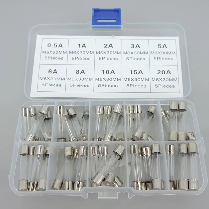 

50Pc/box 6x30mm fast Blow Glass Tube mix Fuse Assorted Box mix Kits T 0.5A 1A, 2A, 3A, 5A, 6A, 8A, 10A, 15A, 20A 3cm 6x30