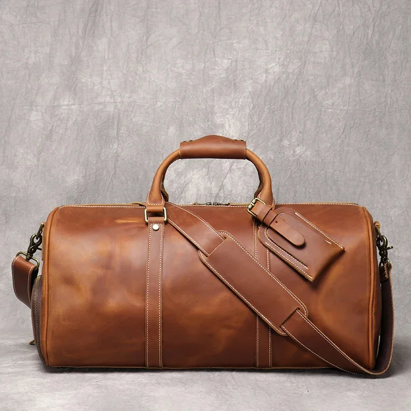 

Vintage Leather weekender travel Bags Crazy Horse Men's Duffle Lightweight Crossbody Handbag 15 Inch Laptop