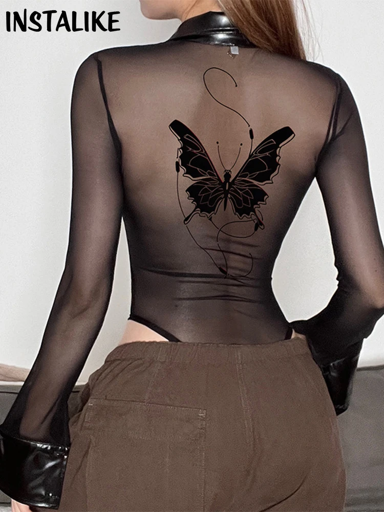 

Женский комбидресс InstaLike, прозрачный боди из искусственной кожи в стиле пэчворк, сетчатый облегающий боди с принтом бабочки, Байкерский комбидресс с длинным рукавом в готическом стиле, панк
