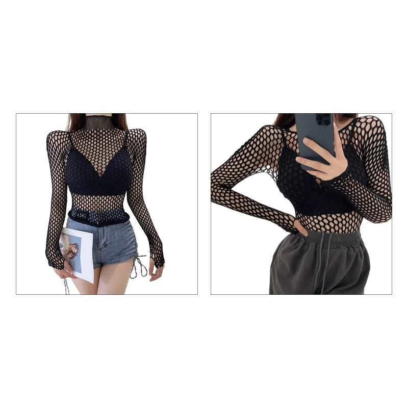 

Womens Mesh Fishnet Hollow Out T-Shirts Long Sleeve Turtleneck See Through Sheer Slim Pullover Top Nightclub Streetwear Dropship