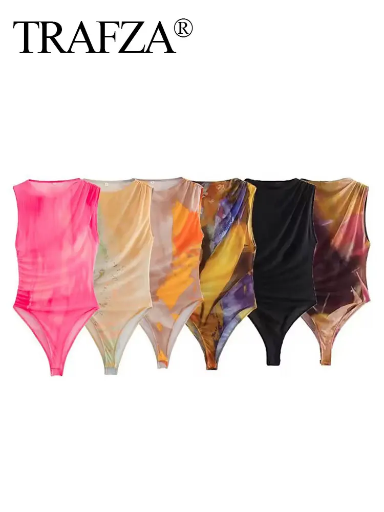 TRAFZA Summer New Women's Sexy Print Pleated Trim Tulle Sleeveless Snap Button Jumpsuit Sheer Tulle Knitting Women's Bodysuit Y2
TRAFZA Summer New Women's Sexy Print Pleated Trim Tulle Sleeveless Snap Button Jumpsuit Sheer Tulle Knitting Women's Bodysuit Y2