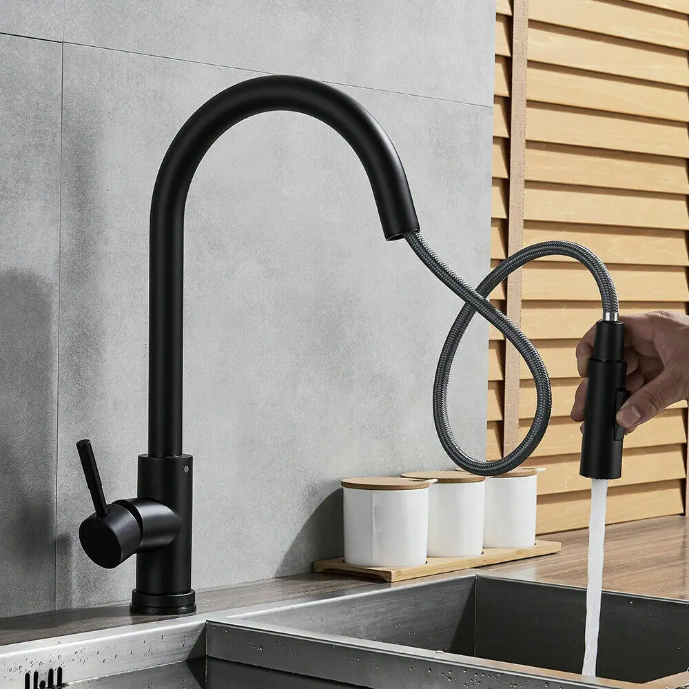 

Black Kitchen Faucets Single Handle Pull Out Stainless steel Kitchen Tap Single Hole Handle Swivel 360 Degree Water Mixer Tap