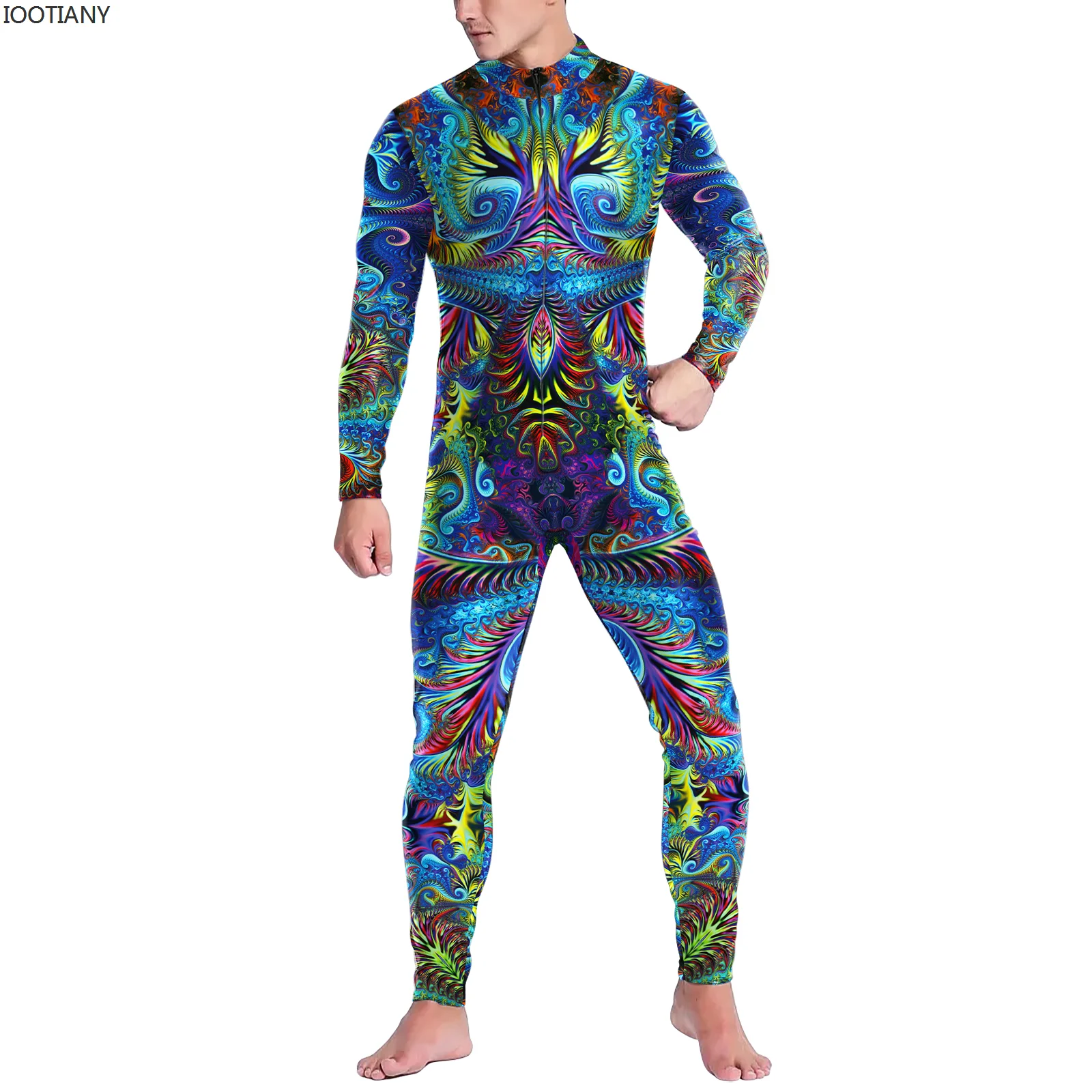 

Print Machine Zentai Men For Bodysuit Skinny Cosplay catsuit Trippy Costume Front Zipper Jumpsuit Elastic Rave Festival Suit