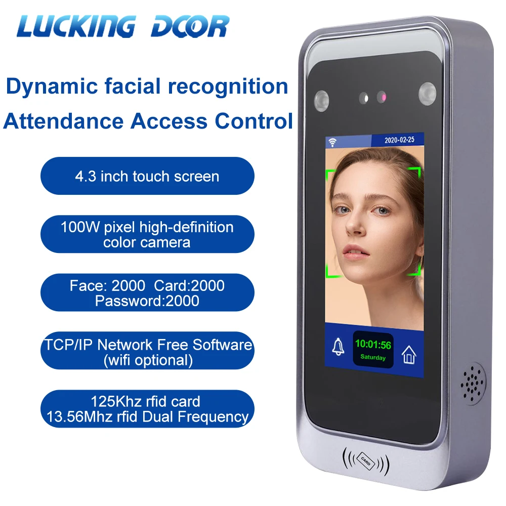 

TCP/IP Dynamic Face Recognition RFID Access Control Terminal 4.3inch Screen Time Attendance Device 2000 User HD Camera