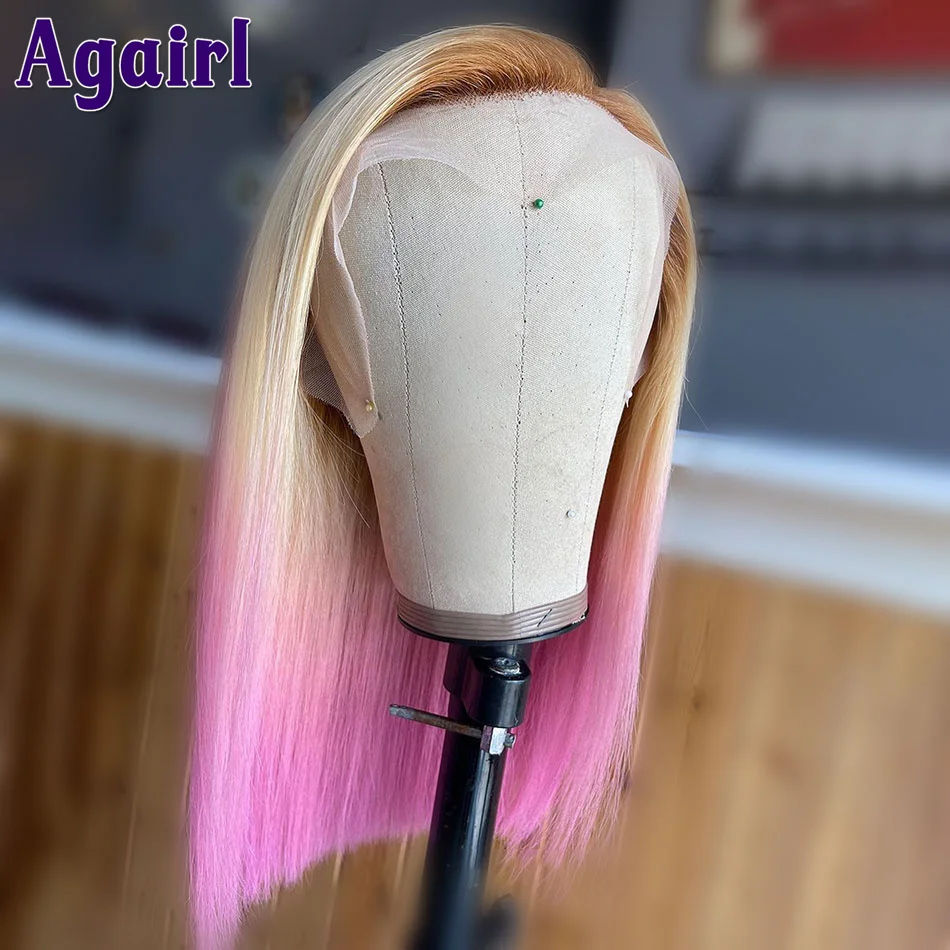 

13x4 Short Bob Straight Lace Frontal Wigs Ombre 613 Pink 180% Transparent Lace Front Human Hair Bob Wigs Pre Plucked For Women