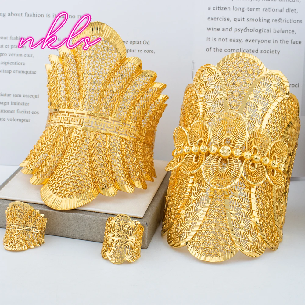

18k Gold Color Cuff Bangle with Ring Set African Big Luxury Design Bracelet Lady Bangle Anniversary Dubai Women Jewelry Set