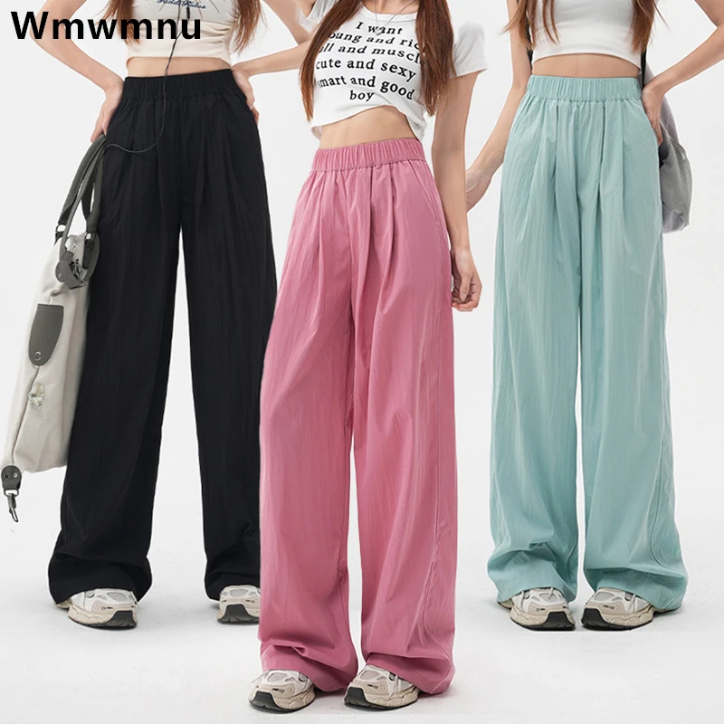 

Ice Silk Wide Leg Sweatpants Women Spring Summer Causal Streetwear Pantalones New Korean Macarone Color Straight Baggy Pants