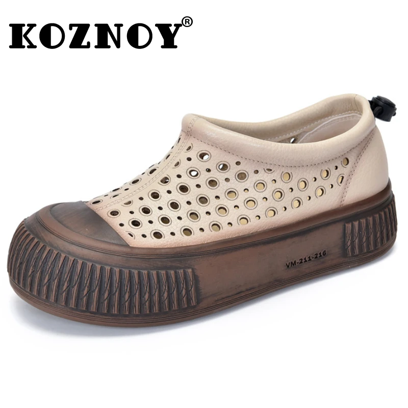 

Koznoy 4cm Ethnic Summer Flats Women Ladies Comfy Hollow Sandals Platform Wedge Slip on Leisure Loafer Cow Genuine Leather Shoes