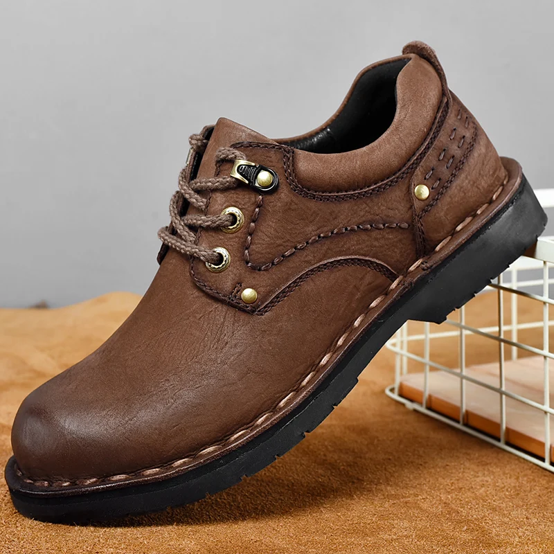 

Men's vintage business casual leather shoes, cowhide leather platform shoes, hand-sewn, men's low work shoes