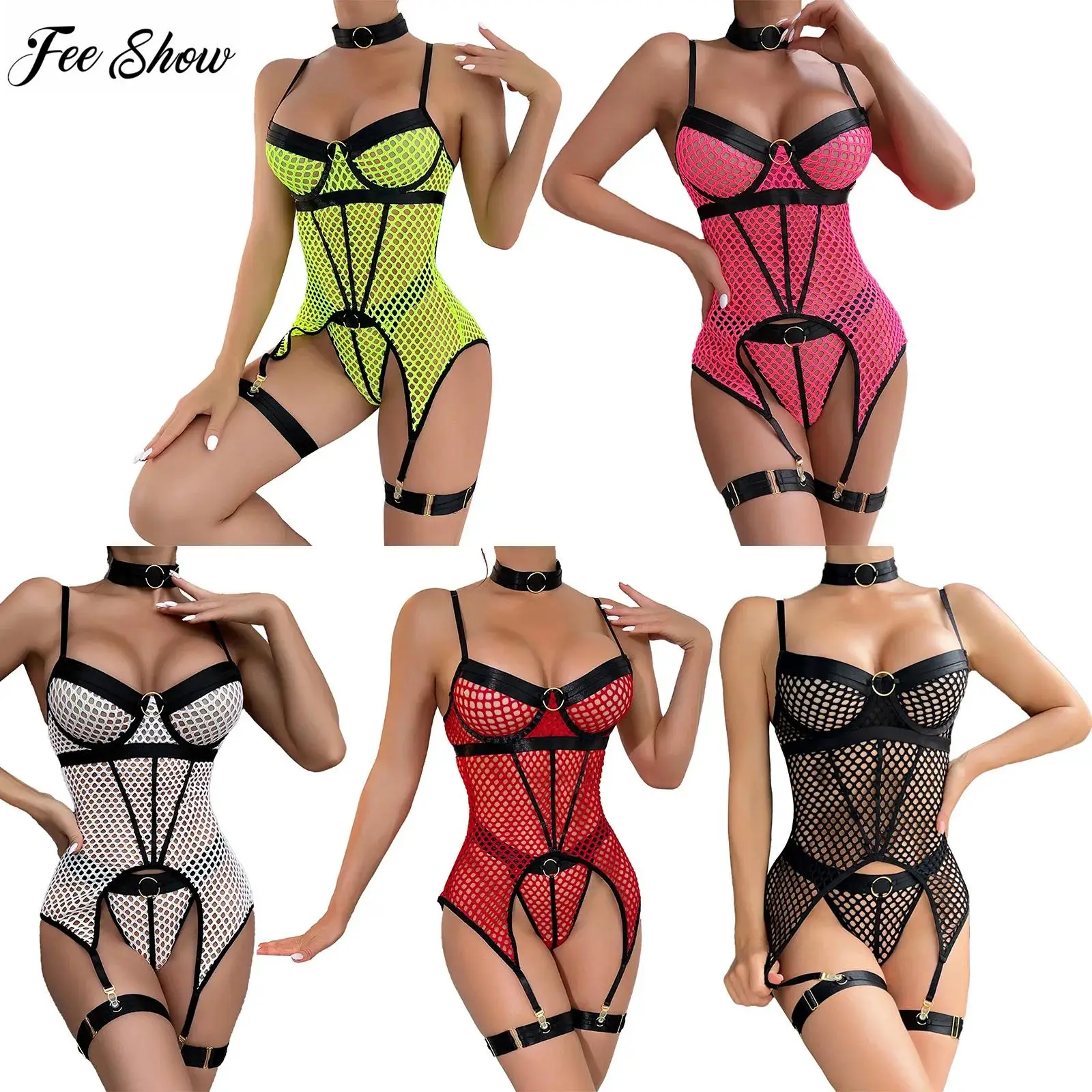 

Womens See Through Fishnet Lingerie Set Choker Underwire Tights with Garter Belt High Cut T-back Thong 3 Pieces Sexy Outfits