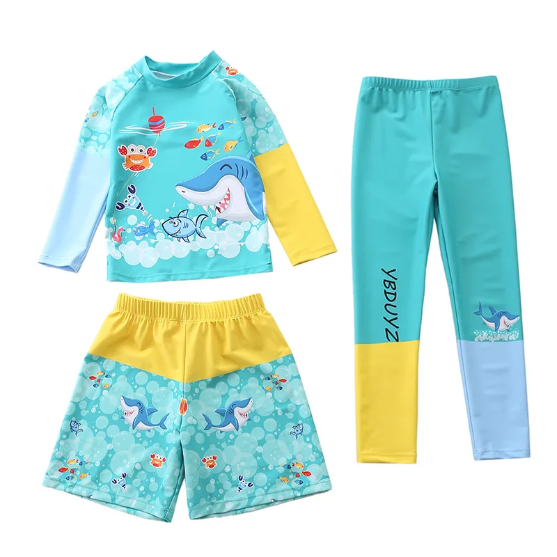 

HappyFlute New 3 Pieces Set Cartoon Print Long Sleeve Sun Protection Boys Vacation Swimsuit