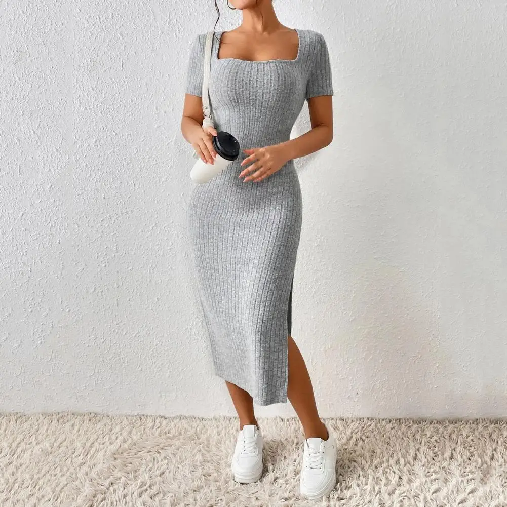 

Solid Color Square Neckline Dress Elegant Square Neck Midi Dress for Women Knitted Elastic Skinny Solid Color Mid-calf Length