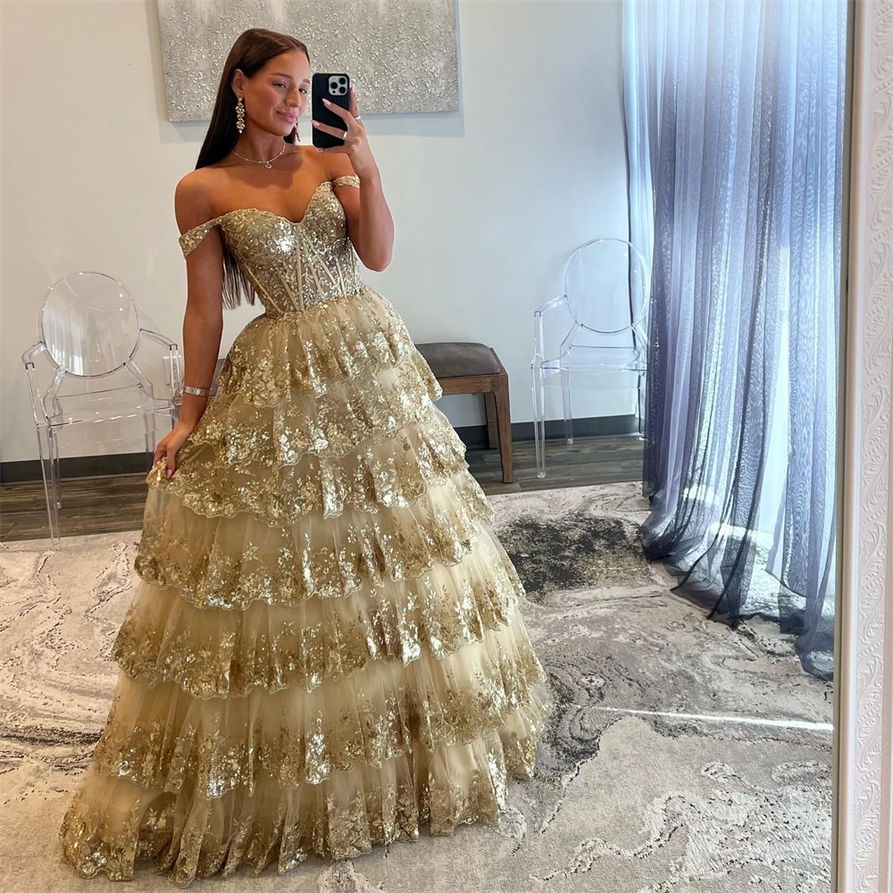 

Evening Ball Dress Saudi Arabia Organza Draped Tiered Sequined Prom A-line Off-the-shoulder Bespoke Occasion Gown Long Dresses