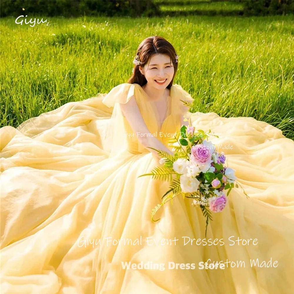 

Giyu Princess Yellow A Line Wedding Dress Korea Photo Shoot V Neck Garden Bridal Gown Soft Tulle Bridal Dresses Corset Back