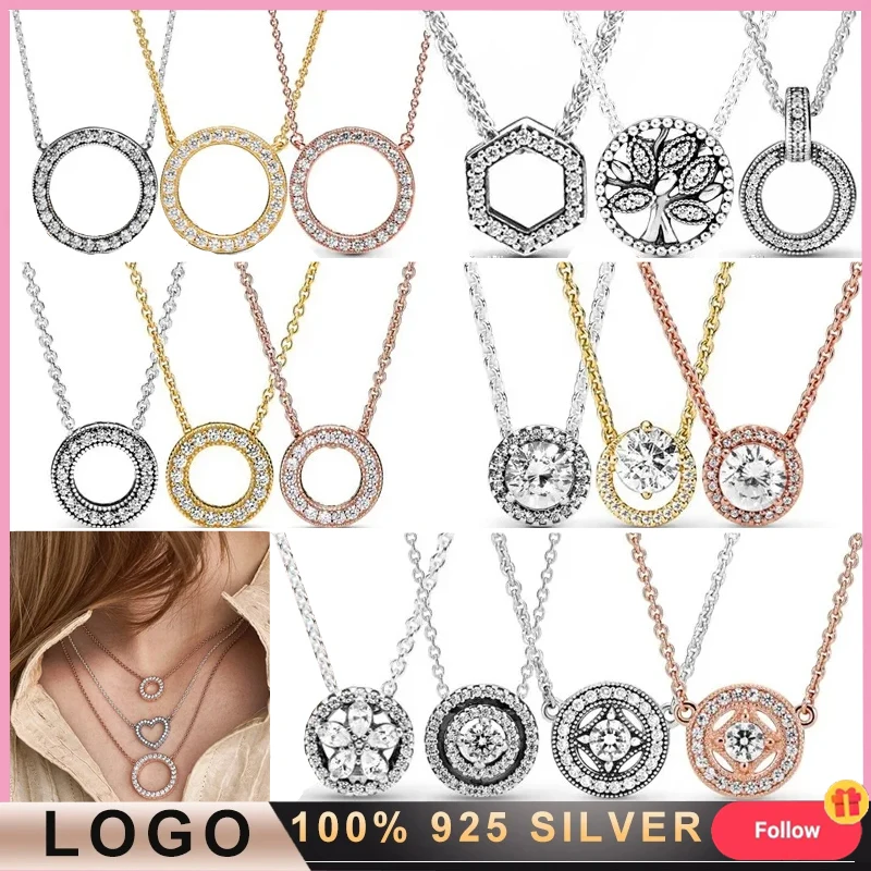

New Women's Necklace Pav é Dense Set Sparkling Zircon Round Necklace% 925 Sterling Silver Fashion DIY Charm Jewelry Gift