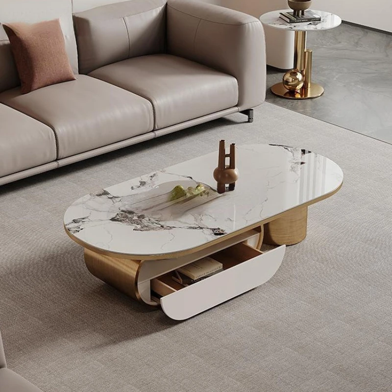 

New High-End Sophisticated Small Coffee Table With Drawers Luxury Modern Oval Rock Slab Tea Table Set Living Room Furniture