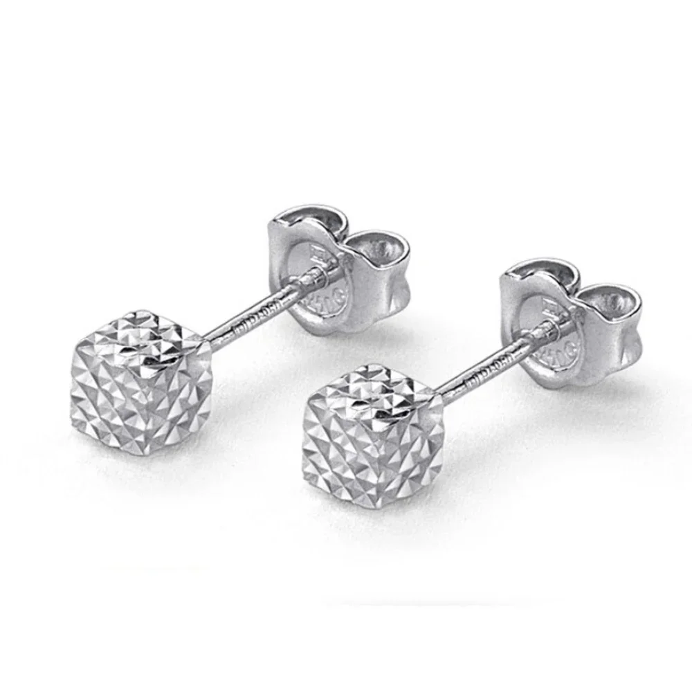 

PT950 Real Pure Platinum 950 Stud Women Gift Lucky Carved Square Cube Earrings 2.1g
