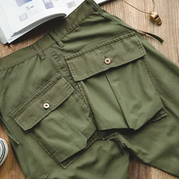 Conjunto de Duas Peças Feminino de Malha com Top de Gola Redonda e Calças Longas 9 Maden 2023 Autumn Rhombus Cargo Pants Men's Green Patch Pocket Trousers Uncle Fu 100% Cotton Casual Tactical Pants