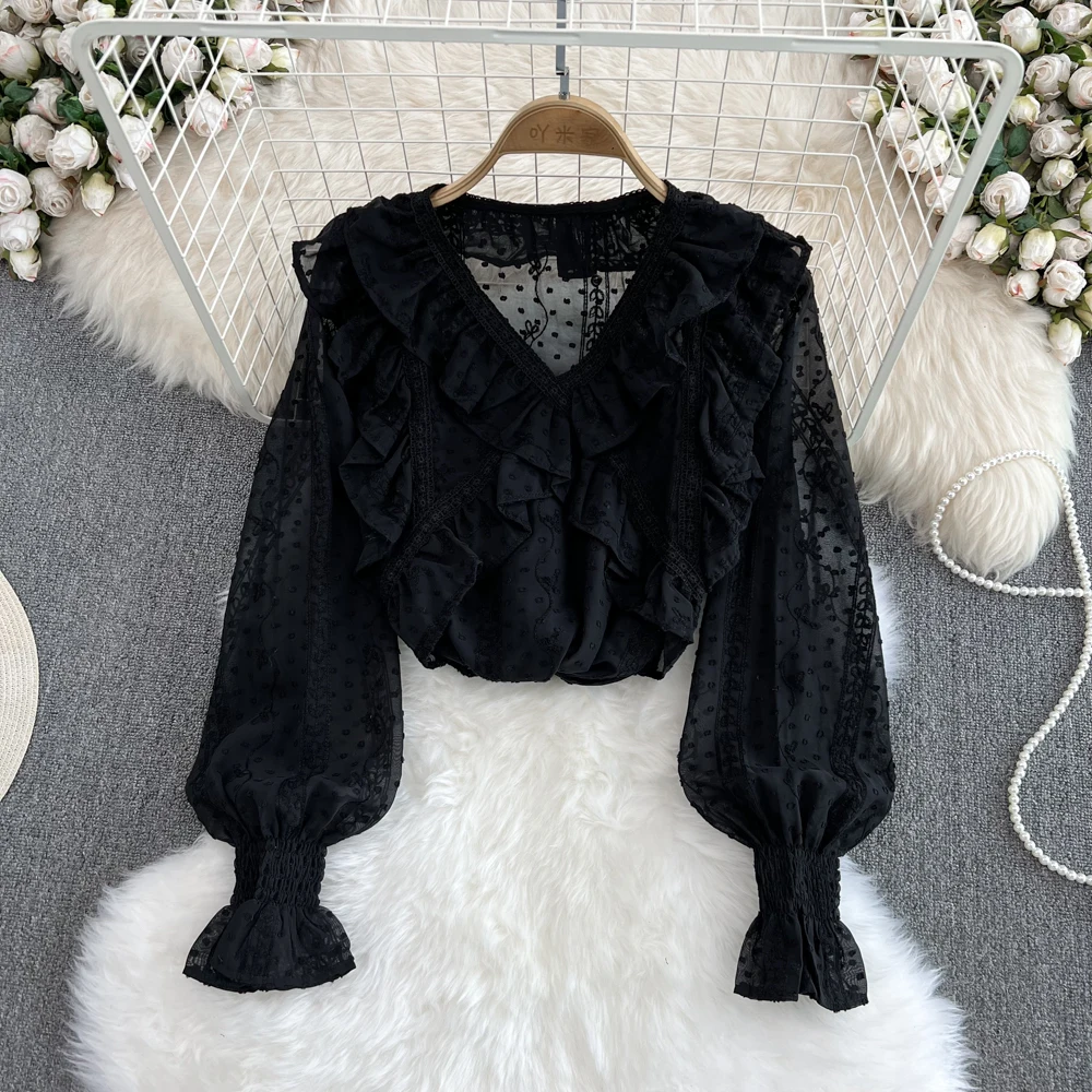 Age-reducing Sweet V-neck Ruffled Loose Chiffon Shirt Pleated Sweet Long-sleeved Short Top Women
Age-reducing Sweet V-neck Ruffled Loose Chiffon Shirt Pleated Sweet Long-sleeved Short Top Women
