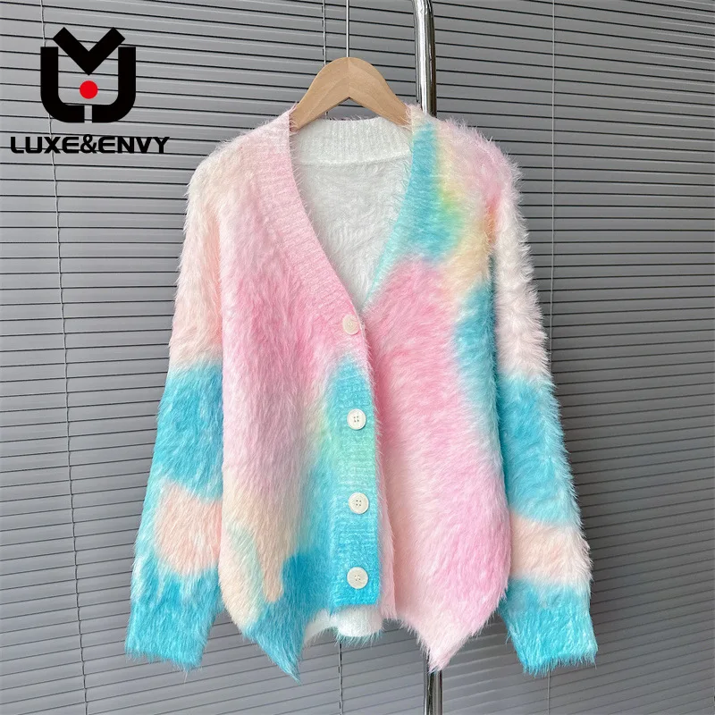 

LUXE&ENVY Imitation Mink Fleece Tie Dyed Knitwear Fashion Niche Design Sense Sweater Coat Age Reducing Versatile Top 2023 Autumn