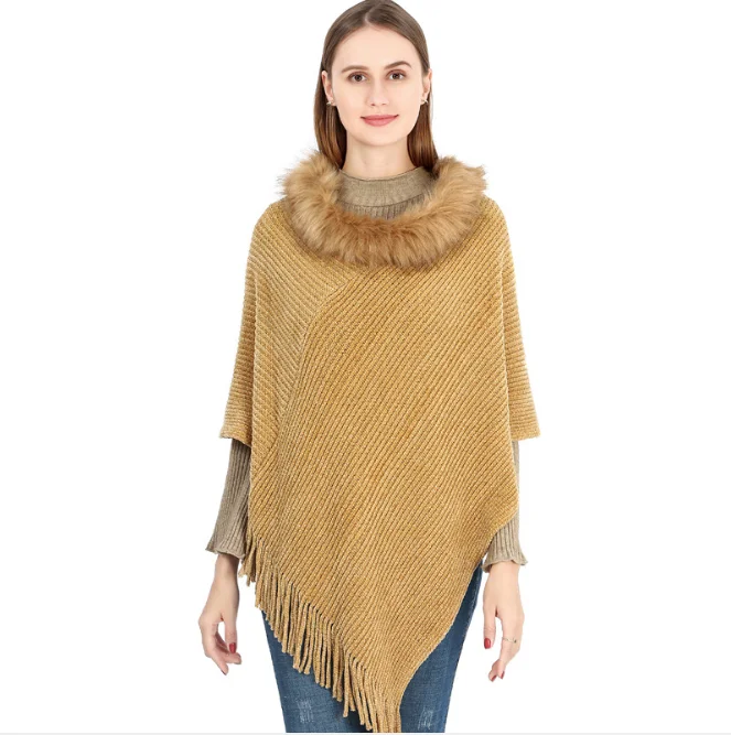 

Autumn Winter Warm Chenille Wool Collar Cloak Women's Large Monochrome Pullover Knitted Shawl Girl Tassel Coat keep Warm Khaki