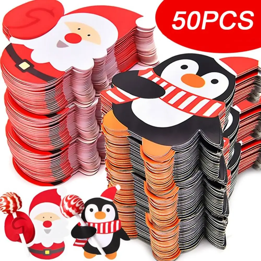 

50PCS Christmas Lollipop Paper Cards Cartoon Santa Claus Penguin Snowman Kids Candy Gifts Package Wrapping New Year Party Decor